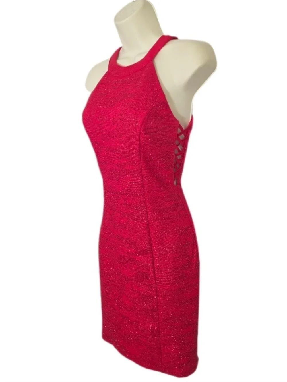 Honey and Rosie Dress Shimmery Halter Neckline Sleeveless Vibrant Red Size S - Picture 4 of 16